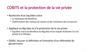 COBIT5 et la protection de la vie privée
• Recherche d’un équilibre entre
• La réalisation de bénéfices
• L’optimisation des niveaux de risques et de l’utilisation des ressources
• Appliqué au Big data et à la protection de la vie privée
• Équilibre entre les bénéfices du Big data et les risques d’atteinte à la vie
privée et à l’éthique
• EDS01: Assurer la définition et l’entretien d’un référentiel de
gouvernance
23
 