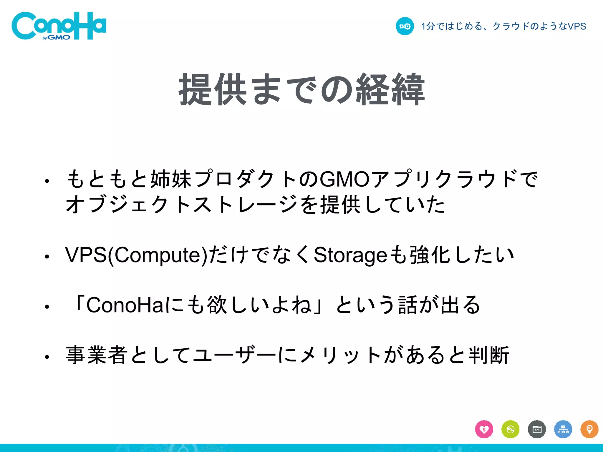 1分ではじめる、クラウドのようなVPS
提供までの経緯
• もともと姉妹プロダクトのGMOアプリクラウドで
オブジェクトストレージを提供していた
• VPS(Compute)だけでなくStorageも強化したい
• 「ConoHaにも欲しいよね」という話が出る
• 事業者としてユーザーにメリットがあると判断
 