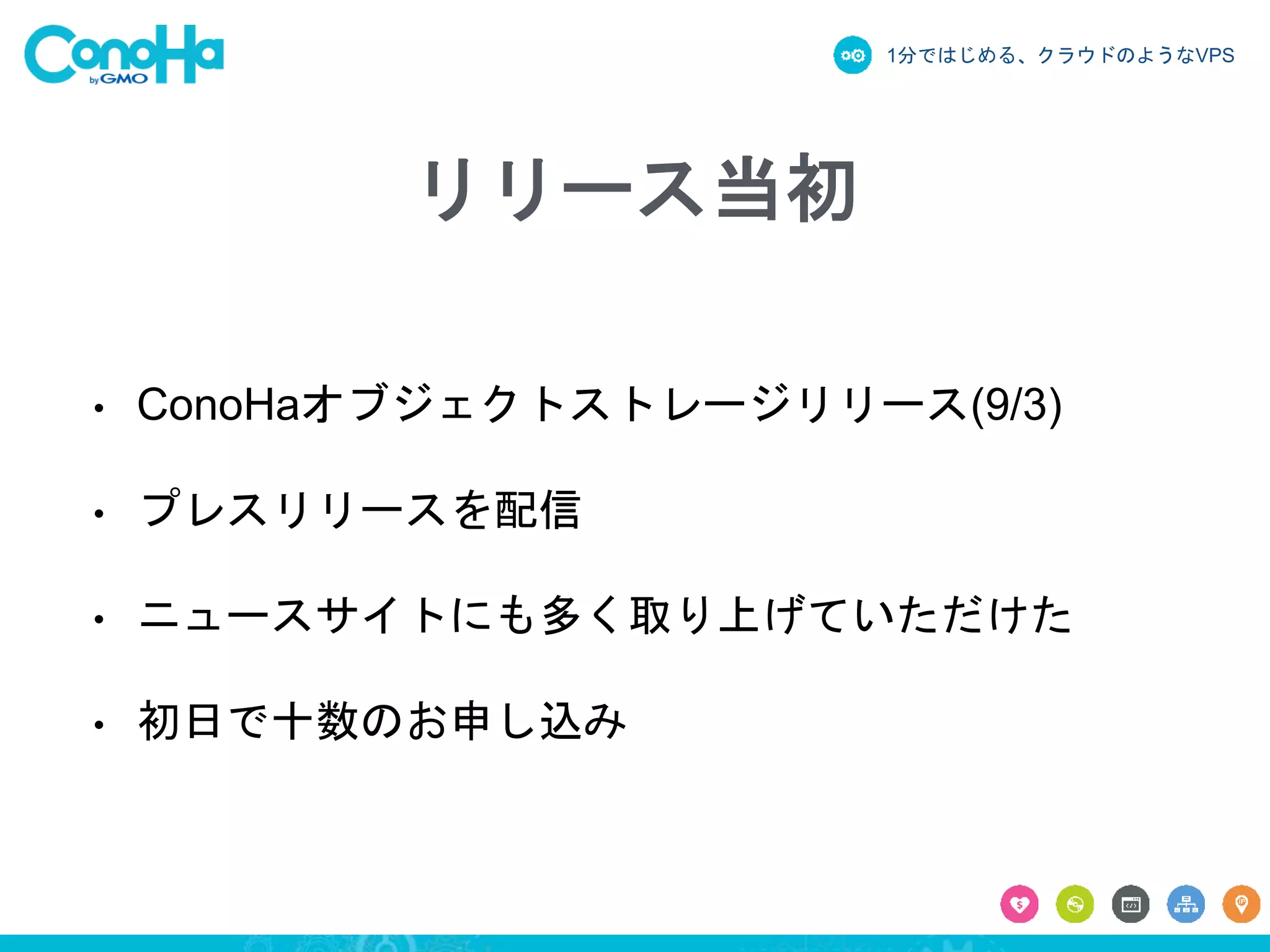 1分ではじめる、クラウドのようなVPS
リリース当初
• ConoHaオブジェクトストレージリリース(9/3)
• プレスリリースを配信
• ニュースサイトにも多く取り上げていただけた
• 初日で十数のお申し込み
 