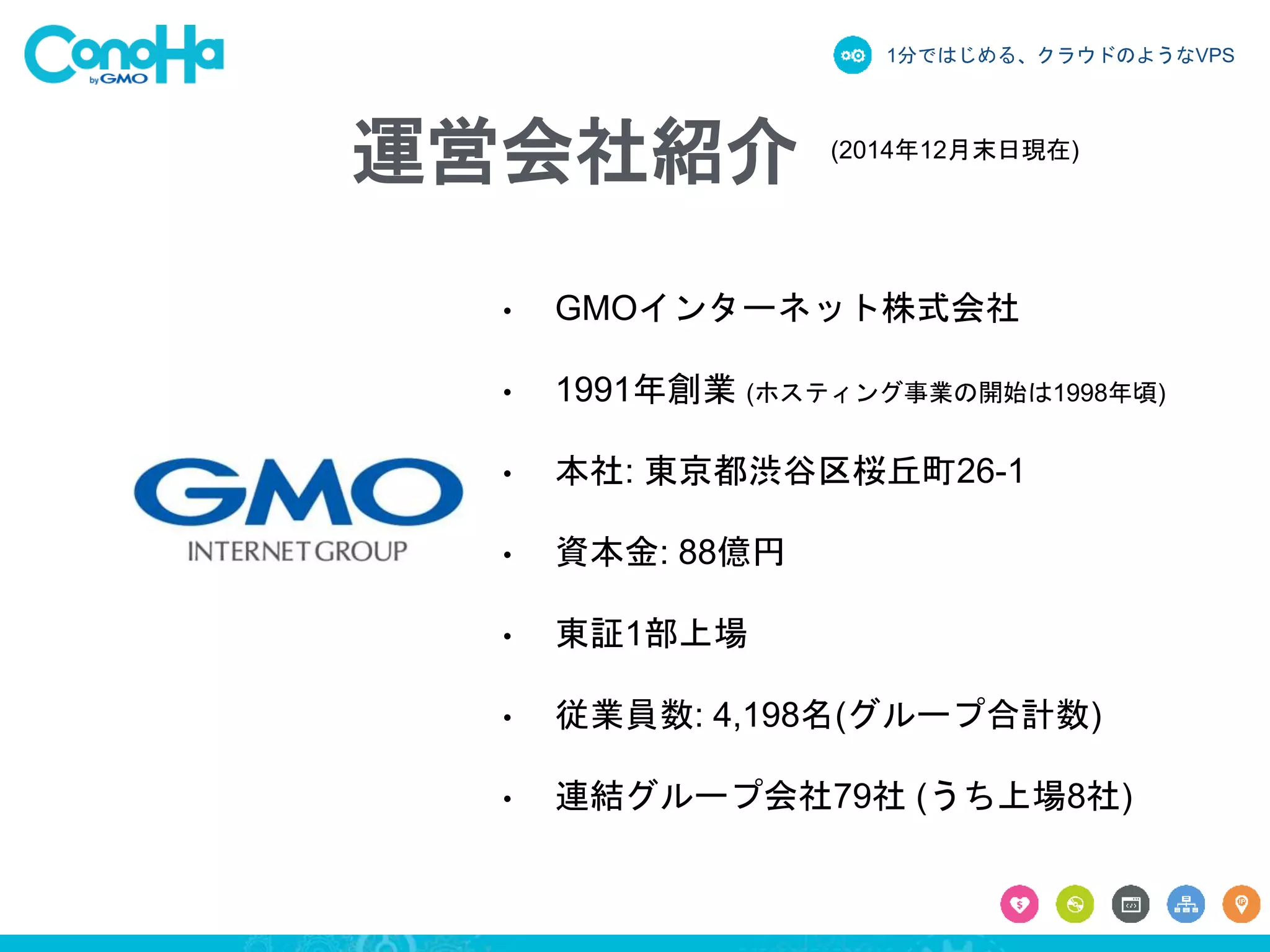 1分ではじめる、クラウドのようなVPS
• GMOインターネット株式会社
• 1991年創業 (ホスティング事業の開始は1998年頃)
• 本社: 東京都渋谷区桜丘町26-1
• 資本金: 88億円
• 東証1部上場
• 従業員数: 4,198名(グループ合計数)
• 連結グループ会社79社 (うち上場8社)
(2014年12月末日現在)
運営会社紹介
 