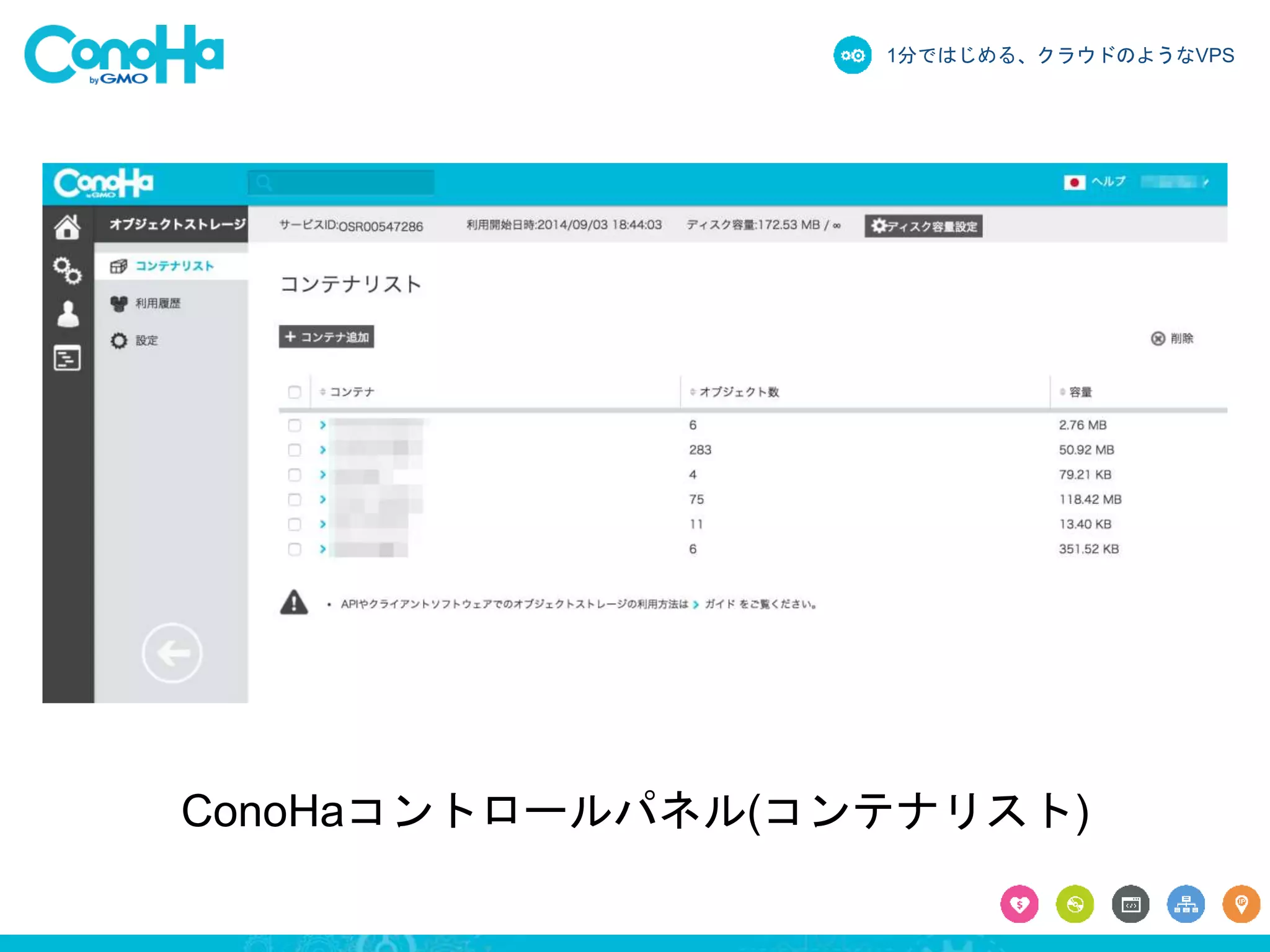 1分ではじめる、クラウドのようなVPS
ConoHaコントロールパネル(コンテナリスト)
 