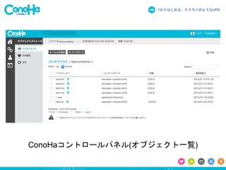 1分ではじめる、クラウドのようなVPS
ConoHaコントロールパネル(オブジェクト一覧)
 