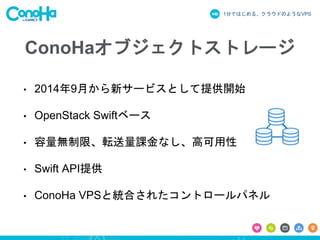 1分ではじめる、クラウドのようなVPS
ConoHaオブジェクトストレージ
• 2014年9月から新サービスとして提供開始
• OpenStack Swiftベース
• 容量無制限、転送量課金なし、高可用性
• Swift API提供
• ConoHa VPSと統合されたコントロールパネル
 