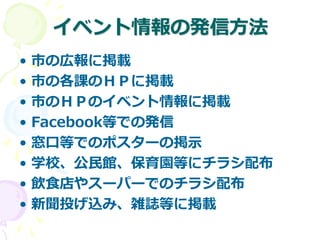 イベント情報の発信方法
• 市の広報に掲載
• 市の各課のＨＰに掲載
• 市のＨＰのイベント情報に掲載
• Facebook等での発信
• 窓口等でのポスターの掲示
• 学校、公民館、保育園等にチラシ配布
• 飲食店やスーパーでのチラシ配布
• 新聞投げ込み、雑誌等に掲載
 