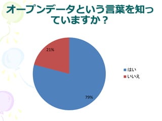 オープンデータという言葉を知っ
ていますか？
79%
21%
はい
いいえ
 