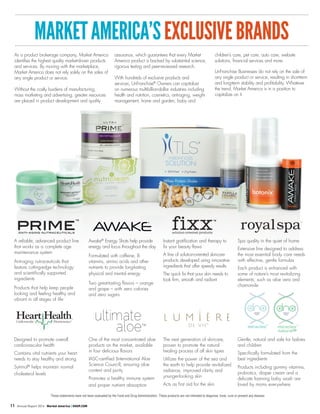 A reliable, advanced product line
that works as a complete age
maintenance system
Anti-aging nutraceuticals that
feature cutting-edge technology
and scientifically supported
ingredients
Products that help keep people
looking and feeling healthy and
vibrant in all stages of life
Spa quality in the quiet of home
Extensive line designed to address
the most essential body care needs
with effective, gentle formulas
Each product is enhanced with
some of nature’s most revitalizing
elements, such as aloe vera and
chamomile
Awake®
Energy Shots help provide
energy and focus throughout the day
Formulated with caffeine, B
vitamins, amino acids and other
nutrients to provide long-lasting
physical and mental energy
Two great-tasting flavors – orange
and grape – with zero calories
and zero sugars
Instant gratification and therapy to
fix your beauty flaws
A line of solution-oriented skincare
products developed using innovative
ingredients that offer speedy results
The quick fix that your skin needs to
look firm, smooth and radiant
Designed to promote overall
cardiovascular health
Contains vital nutrients your heart
needs to stay healthy and strong
Sytrinol®
helps maintain normal
cholesterol levels
One of the most concentrated aloe
products on the market, available
in four delicious flavors
IASC-certified (International Aloe
Science Council), ensuring aloe
content and purity
Promotes a healthy immune system
and proper nutrient absorption
These statements have not been evaluated by the Food and Drug Administration. These products are not intended to diagnose, treat, cure or prevent any disease.
The next generation of skincare,
proven to promote the natural
healing process of all skin types
Utilizes the power of the sea and
the earth to help provide revitalized
radiance, improved clarity and
younger-looking skin
Acts as first aid for the skin
Gentle, natural and safe for babies
and children
Specifically formulated from the
best ingredients
Products including gummy vitamins,
probiotics, diaper cream and a
delicate foaming baby wash are
loved by moms everywhere
®
MARKETAMERICA’SEXCLUSIVEBRANDS
As a product brokerage company, Market America
identifies the highest quality market-driven products
and services. By moving with the marketplace,
Market America does not rely solely on the sales of
any single product or service.
Without the costly burdens of manufacturing,
mass marketing and advertising, greater resources
are placed in product development and quality
assurance, which guarantees that every Market
America product is backed by substantial science,
rigorous testing and peer-reviewed research.
With hundreds of exclusive products and
services, UnFranchise®
Owners can capitalize
on numerous multibillion-dollar industries including
health and nutrition, cosmetics, anti-aging, weight
management, home and garden, baby and
children’s care, pet care, auto care, website
solutions, financial services and more.
UnFranchise Businesses do not rely on the sale of
any single product or service, resulting in short-term
and long-term stability and profitability. Whatever
the trend, Market America is in a position to
capitalize on it.
11 Annual Report 2014 Market America | SHOP.COM
 