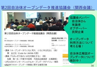34
第2回自治体オープンデータ推進協議会（関西会議）
Page 34
協議会メンバー
自治体さん
有識者
オブザーバー
民間企業
オープンデータ
利用方法について
考える場！
自治体広報誌オー
プンデータについて
検討中！
 