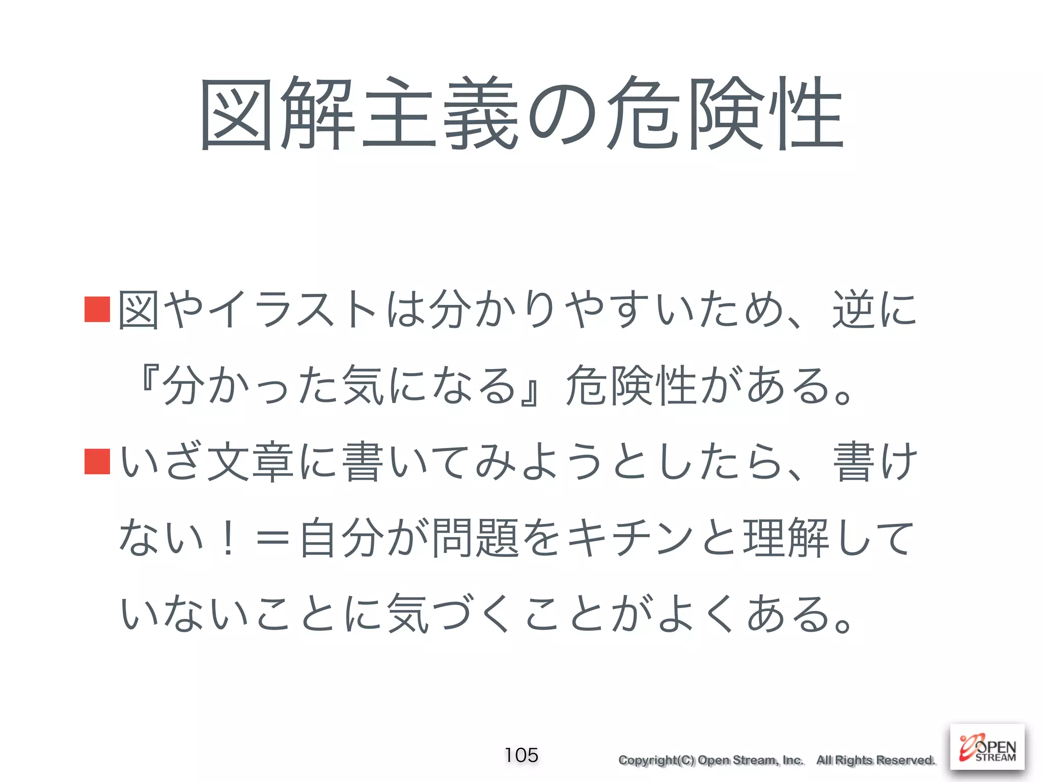 Copyright(C) Open Stream, Inc. All Rights Reserved.
図解主義の危険性
■図やイラストは分かりやすいため、逆に
『分かった気になる』危険性がある。
■いざ文章に書いてみようとしたら、書け
ない！＝自分が問題をキチンと理解して
いないことに気づくことがよくある。
105
 