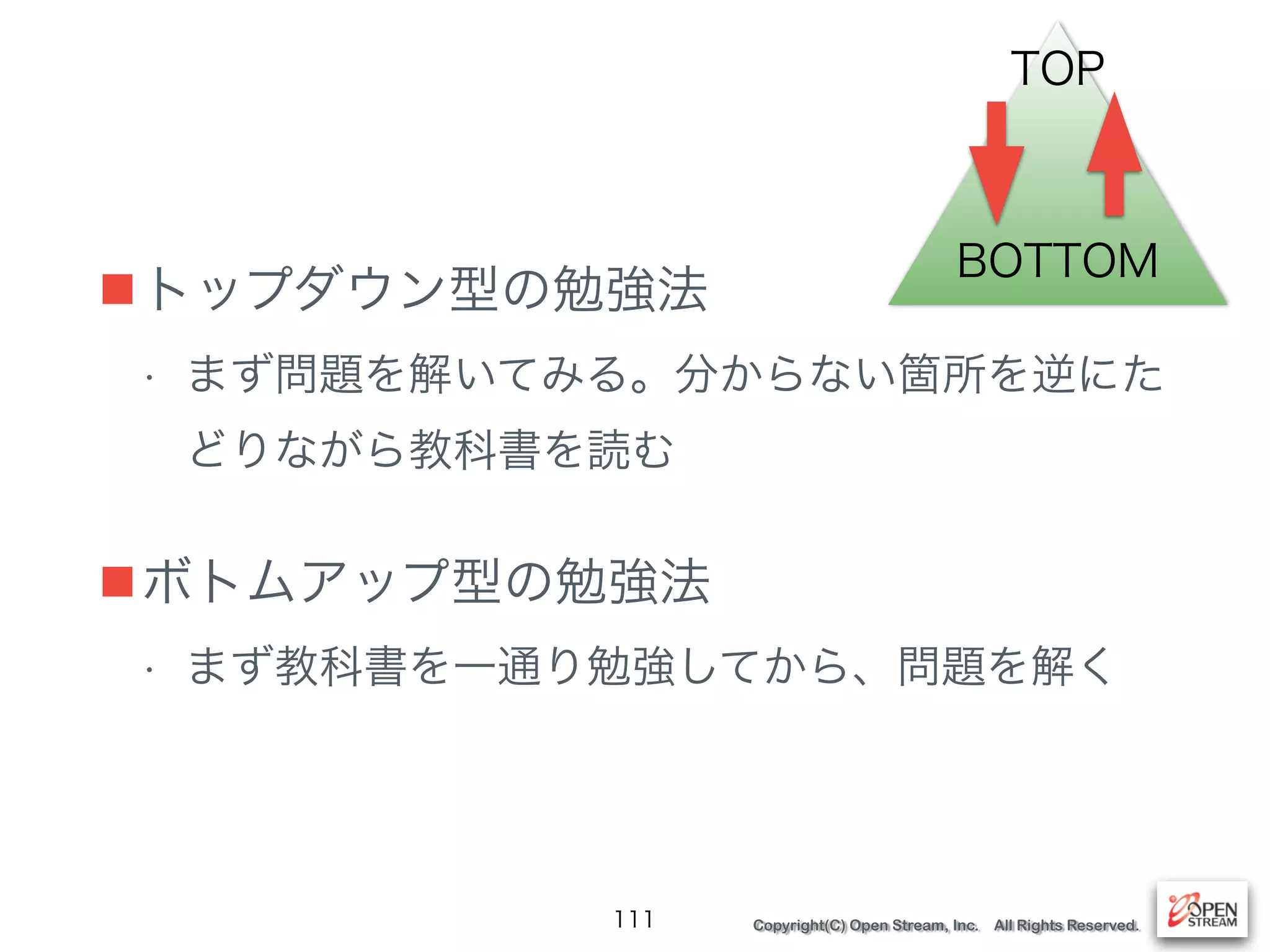 Copyright(C) Open Stream, Inc. All Rights Reserved.
■トップダウン型の勉強法
• まず問題を解いてみる。分からない箇所を逆にた
どりながら教科書を読む
■ボトムアップ型の勉強法
• まず教科書を一通り勉強してから、問題を解く
111
TOP
BOTTOM
 