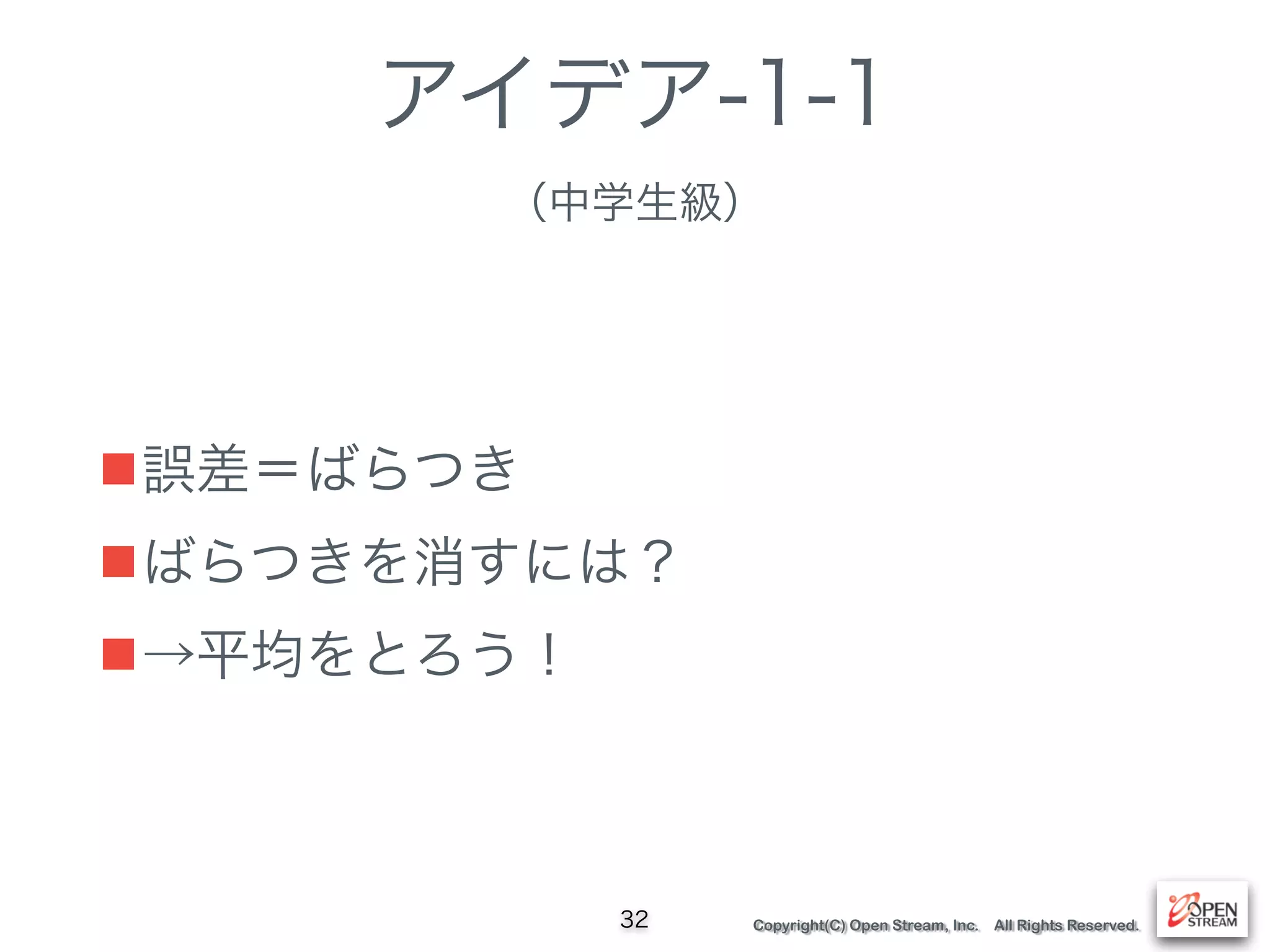 Copyright(C) Open Stream, Inc. All Rights Reserved.
アイデア-1-1
（中学生級）
■誤差＝ばらつき
■ばらつきを消すには？
■→平均をとろう！
32
 