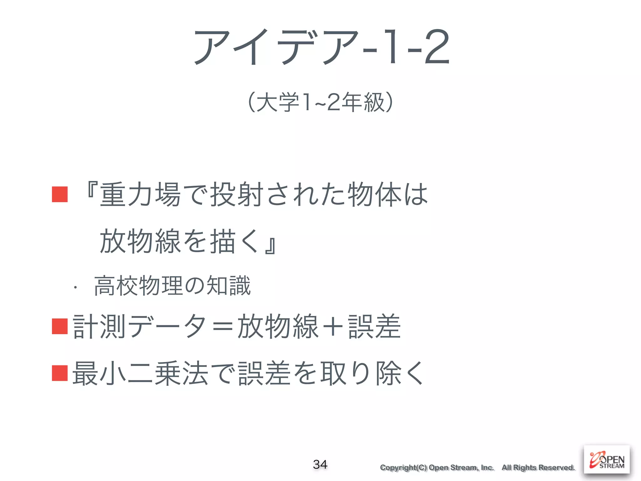 Copyright(C) Open Stream, Inc. All Rights Reserved.
アイデア-1-2
（大学1 2年級）
■『重力場で投射された物体は 
 放物線を描く』
• 高校物理の知識
■計測データ＝放物線＋誤差
■最小二乗法で誤差を取り除く
34
 