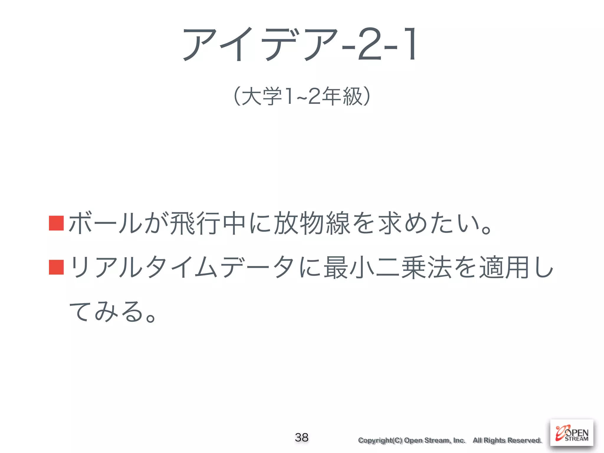 Copyright(C) Open Stream, Inc. All Rights Reserved.
アイデア-2-1
（大学1 2年級）
■ボールが飛行中に放物線を求めたい。
■リアルタイムデータに最小二乗法を適用し
てみる。
38
 