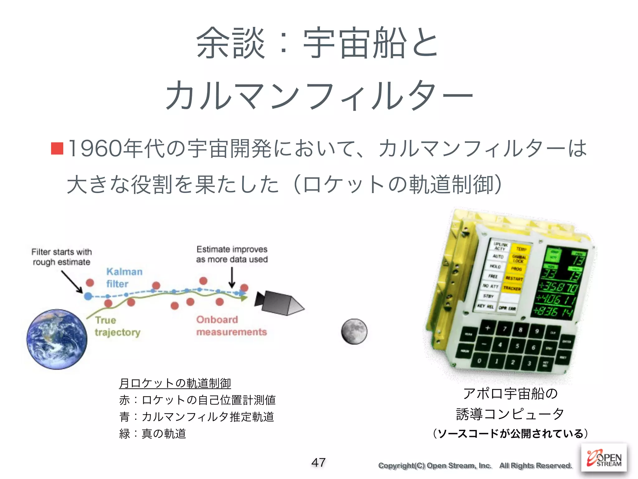 Copyright(C) Open Stream, Inc. All Rights Reserved.
余談：宇宙船と
カルマンフィルター
■1960年代の宇宙開発において、カルマンフィルターは 
大きな役割を果たした（ロケットの軌道制御）
47
アポロ宇宙船の
誘導コンピュータ
（ソースコードが公開されている）
月ロケットの軌道制御
赤：ロケットの自己位置計測値
青：カルマンフィルタ推定軌道
緑：真の軌道
 