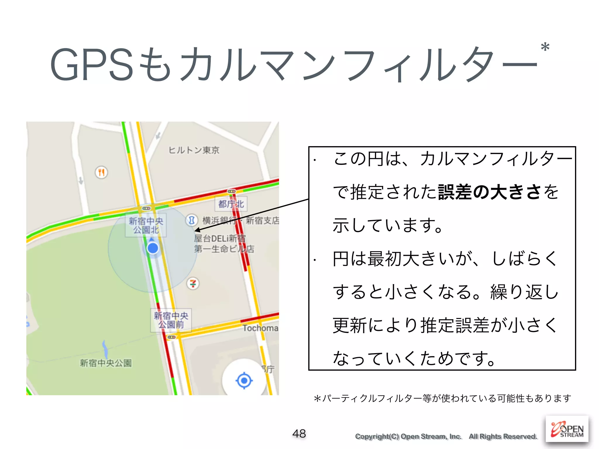 Copyright(C) Open Stream, Inc. All Rights Reserved.
GPSもカルマンフィルター*
48
• この円は、カルマンフィルター
で推定された誤差の大きさを
示しています。
• 円は最初大きいが、しばらく
すると小さくなる。繰り返し
更新により推定誤差が小さく
なっていくためです。
＊パーティクルフィルター等が使われている可能性もあります
 