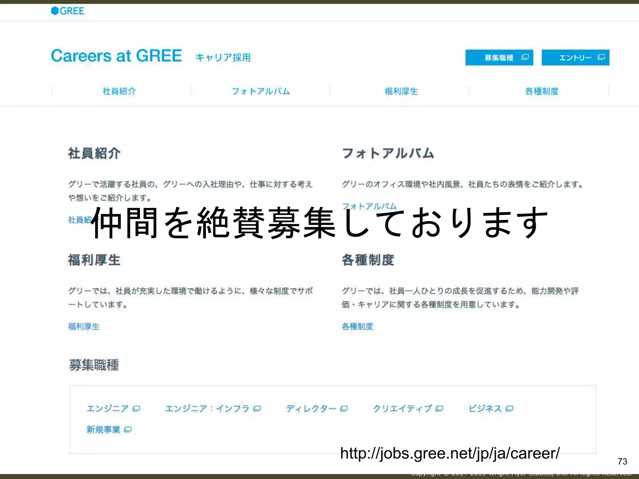 Copyright © 2014-2015 Wright Flyer Studios, Inc. All Rights Reserved.
仲間を絶賛募集しております
73
http://jobs.gree.net/jp/ja/career/
 