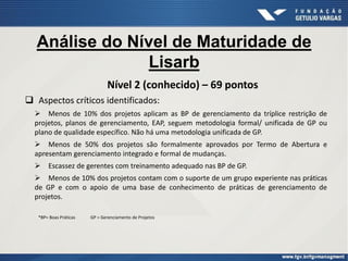 Nível 2 (conhecido) – 69 pontos
 Aspectos críticos identificados:
 Menos de 10% dos projetos aplicam as BP de gerenciamento da tríplice restrição de
projetos, planos de gerenciamento, EAP, seguem metodologia formal/ unificada de GP ou
plano de qualidade específico. Não há uma metodologia unificada de GP.
 Menos de 50% dos projetos são formalmente aprovados por Termo de Abertura e
apresentam gerenciamento integrado e formal de mudanças.
 Escassez de gerentes com treinamento adequado nas BP de GP.
 Menos de 10% dos projetos contam com o suporte de um grupo experiente nas práticas
de GP e com o apoio de uma base de conhecimento de práticas de gerenciamento de
projetos.
*BP= Boas Práticas GP = Gerenciamento de Projetos
Análise do Nível de Maturidade de
Lisarb
 