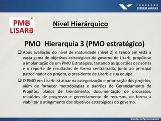 PMO Hierarquia 3 (PMO estratégico)
 Após avaliação do nível de maturidade (nível 2) e tendo em vista a
vasta gama de objetivos estratégicos do governo de Lisarb, propõe-se
a implantação de um PMO Estratégico, tratando as questões decisórias
e o reporte de resultados de forma centralizada, junto ao principal
patrocinador do projeto, o presidente de Lisarb e sua equipe.
 O PMO em Lisarb irá atuar na categorização e priorização dos projetos,
além de fornecer metodologias e padrões de Gerenciamento de
Projetos, planos de treinamento, documentação de processos,
relatórios de progresso e gerenciamento de recursos, de forma a
viabilizar o atingimento dos objetivos estratégicos do governo.
Nível Hierárquico
 