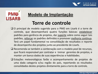 Modelo de Implantação
Torre de controle
 O principal de modelo sugerido para o PMO em Lisarb é a torre de
controle, que desempenhará quatro funções básicas: estabelecer
padrões para gerência de projetos, dar suporte sobre como seguir tais
padrões, reforçar os padrões definidos e promover melhoria contínua.
Terá um papel fundamental na consolidação de resultados e reporte
de desempenho dos projetos junto ao presidente de Lisarb.
 Recomenda-se também a combinação com o modelo pool de recursos,
que ficará responsável por contratar e treinar gerentes de projetos, e
manter um banco dados de suas experiências e habilidades.
 Estações meteorológicas farão o acompanhamento de projetos de
uma dada categoria e/ou região do país, reportando os resultados
consolidados destes projetos diretamente para a torre de controle.
 
