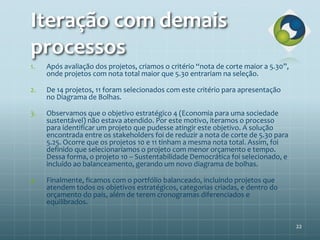 Iteração com demais
processos
22
1. Após avaliação dos projetos, criamos o critério “nota de corte maior a 5.30”,
onde projetos com nota total maior que 5.30 entrariam na seleção.
2. De 14 projetos, 11 foram selecionados com este critério para apresentação
no Diagrama de Bolhas.
3. Observamos que o objetivo estratégico 4 (Economia para uma sociedade
sustentável) não estava atendido. Por este motivo, iteramos o processo
para identificar um projeto que pudesse atingir este objetivo. A solução
encontrada entre os stakeholders foi de reduzir a nota de corte de 5.30 para
5.25. Ocorre que os projetos 10 e 11 tinham a mesma nota total. Assim, foi
definido que selecionaríamos o projeto com menor orçamento e tempo.
Dessa forma, o projeto 10 – Sustentabilidade Democrática foi selecionado, e
incluído ao balanceamento, gerando um novo diagrama de bolhas.
4. Finalmente, ficamos com o portfólio balanceado, incluindo projetos que
atendem todos os objetivos estratégicos, categorias criadas, e dentro do
orçamento do país, além de terem cronogramas diferenciados e
equilibrados.
 