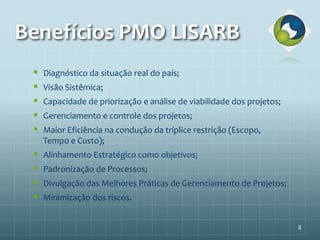 Benefícios PMO LISARB
 Diagnóstico da situação real do país;
 Visão Sistêmica;
 Capacidade de priorização e análise de viabilidade dos projetos;
 Gerenciamento e controle dos projetos;
 Maior Eficiência na condução da tríplice restrição (Escopo,
Tempo e Custo);
 Alinhamento Estratégico como objetivos;
 Padronização de Processos;
 Divulgação das Melhores Práticas de Gerenciamento de Projetos;
 Minimização dos riscos.
8
 