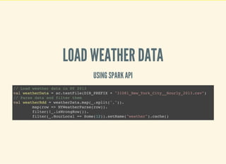 LOAD WEATHER DATA
USING SPARK API
// Load weather data in NY 2013
val weatherData = sc.textFile(DIR_PREFIX + "31081_New_York_City__Hourly_2013.csv")
// Parse data and filter them
val weatherRdd = weatherData.map(_.split(",")).
map(row => NYWeatherParse(row)).
filter(!_.isWrongRow()).
filter(_.HourLocal == Some(12)).setName("weather").cache()
 