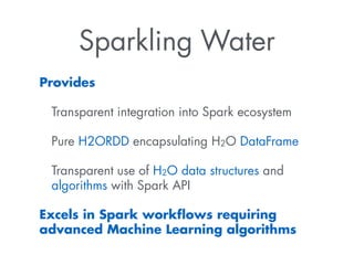 Sparkling Water
Provides
Transparent integration into Spark ecosystem
Pure H2ORDD encapsulating H2O DataFrame
Transparent ...