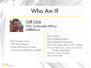 H2O.ai
Machine Intelligence
Who Am I?
Cliff Click
CTO, Co-Founder H2O.ai
cliff@h2o.ai
40 yrs coding
35 yrs building compil...