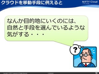 Copyright © NIFTY Corporation All Rights Reserved. Confidential 18
クラウドを移動手段に例えると
なんか目的地にいくのには、
自然と手段を選んでいるような
気がする・・・
 