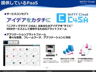Copyright © NIFTY Corporation All Rights Reserved. Confidential 32
提供しているPaaS
■サービスコンセプト
アイデアをカタチに
「ニフティクラウド C4SA」はあなたのアイデアを“すぐに”
WEBサービスとして提供するためのプラットフォーム
■アプリケーションプラットフォーム
様々な言語、フレームワーク、アプリケーションに対応
- 32 -
 