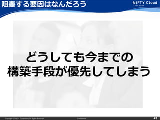 Copyright © NIFTY Corporation All Rights Reserved. Confidential 43
阻害する要因はなんだろう
どうしても今までの
構築手段が優先してしまう
 