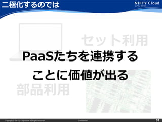 Copyright © NIFTY Corporation All Rights Reserved. Confidential 53
二極化するのでは
セット利用
部品利用
PaaSたちを連携する
ことに価値が出る
 