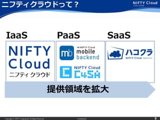 Copyright © NIFTY Corporation All Rights Reserved. Confidential 8
ニフティクラウドって？
IaaS PaaS SaaS
提供領域を拡大
 