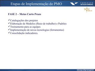 Etapas de Implementação do PMO
FASE 2 – Metas Curto Prazo
Catalogações dos projetos
Elaboração de Modelos (fluxo de trabalho) e Padrões
Treinamento para as equipes
Implementação de novas tecnologias (ferramentas)
Consolidação indicadores.
 