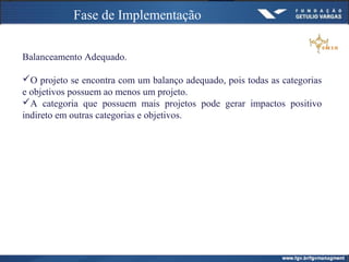 Balanceamento Adequado.
O projeto se encontra com um balanço adequado, pois todas as categorias
e objetivos possuem ao menos um projeto.
A categoria que possuem mais projetos pode gerar impactos positivo
indireto em outras categorias e objetivos.
Fase de Implementação
 