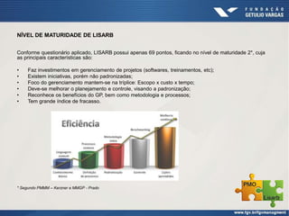NÍVEL DE MATURIDADE DE LISARB
Conforme questionário aplicado, LISARB possui apenas 69 pontos, ficando no nível de maturidade 2*, cuja
as principais características são:
• Faz investimentos em gerenciamento de projetos (softwares, treinamentos, etc);
• Existem iniciativas, porém não padronizadas;
• Foco do gerenciamento mantem-se na tríplice: Escopo x custo x tempo;
• Deve-se melhorar o planejamento e controle, visando a padronização;
• Reconhece os benefícios do GP, bem como metodologia e processos;
• Tem grande índice de fracasso.
* Segundo PMMM – Kerzner e MMGP - Prado
 