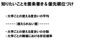 知りたいことを箇条書き＆優先順位づけ
• 大学ごとの使える度合いの平均
-----(越えられない壁)-----
• 大学ごとの使える度合いの分散
• 大学ごとの職場における存在確率
 