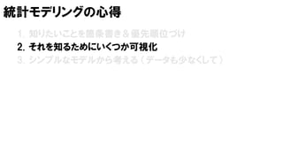 統計モデリングの心得
1. 知りたいことを箇条書き＆優先順位づけ
2. それを知るためにいくつか可視化
3. シンプルなモデルから考える （データも少なくして）
 