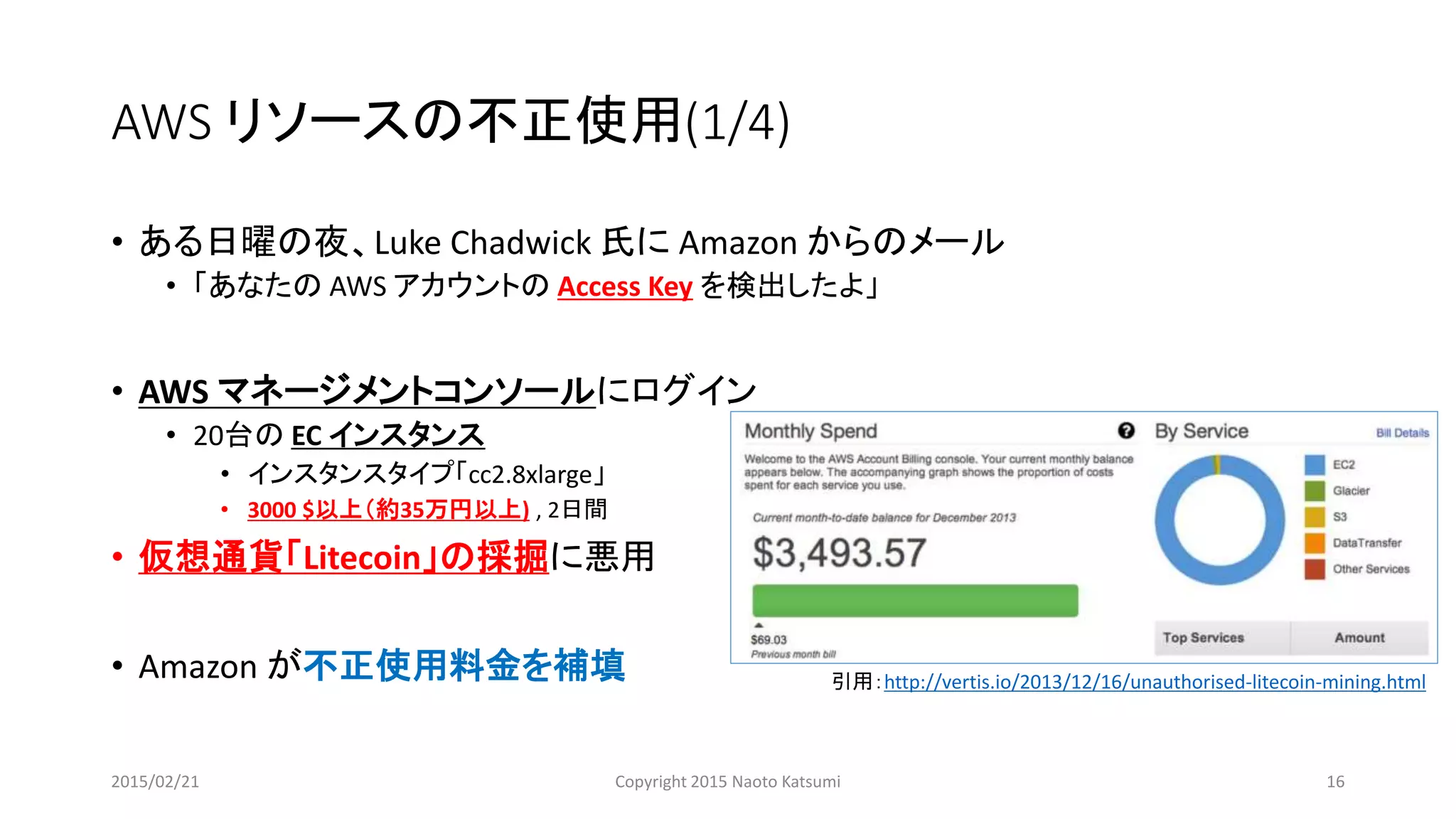 AWS リソースの不正使用(1/4)
• ある日曜の夜、Luke Chadwick 氏に Amazon からのメール
• 「あなたの AWS アカウントの Access Key を検出したよ」
• AWS マネージメントコンソールにログイン
• 20台の EC インスタンス
• インスタンスタイプ「cc2.8xlarge」
• 3000 $以上（約35万円以上) , 2日間
• 仮想通貨「Litecoin」の採掘に悪用
• Amazon が不正使用料金を補填 引用：http://vertis.io/2013/12/16/unauthorised-litecoin-mining.html
2015/02/21 Copyright 2015 Naoto Katsumi 16
 