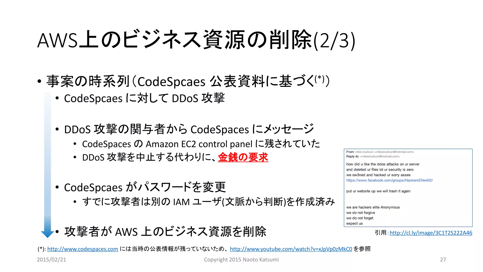 AWS上のビジネス資源の削除(2/3)
• 事案の時系列（CodeSpcaes 公表資料に基づく(*)）
• CodeSpcaes に対して DDoS 攻撃
• DDoS 攻撃の関与者から CodeSpaces にメッセージ
• CodeSpaces の Amazon EC2 control panel に残されていた
• DDoS 攻撃を中止する代わりに、金銭の要求
• CodeSpcaes がパスワードを変更
• すでに攻撃者は別の IAM ユーザ(文脈から判断)を作成済み
• 攻撃者が AWS 上のビジネス資源を削除
(*): http://www.codespaces.com には当時の公表情報が残っていないため、 http://www.youtube.com/watch?v=xJpVp0zMkC0 を参照
引用：http://cl.ly/image/3C1T2S222A46
2015/02/21 Copyright 2015 Naoto Katsumi 27
 