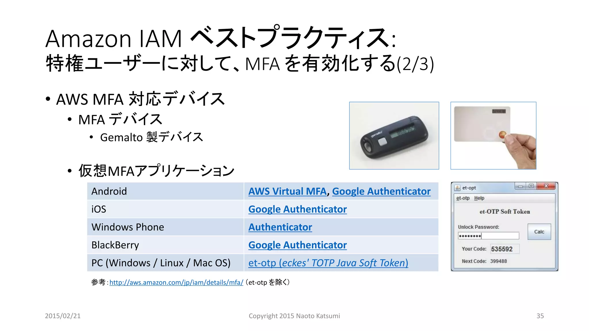 Amazon IAM ベストプラクティス:
特権ユーザーに対して、MFA を有効化する(2/3)
• AWS MFA 対応デバイス
• MFA デバイス
• Gemalto 製デバイス
• 仮想MFAアプリケーション
Android AWS Virtual MFA, Google Authenticator
iOS Google Authenticator
Windows Phone Authenticator
BlackBerry Google Authenticator
PC (Windows / Linux / Mac OS) et-otp (eckes' TOTP Java Soft Token)
参考：http://aws.amazon.com/jp/iam/details/mfa/ （et-otp を除く）
2015/02/21 Copyright 2015 Naoto Katsumi 35
 
