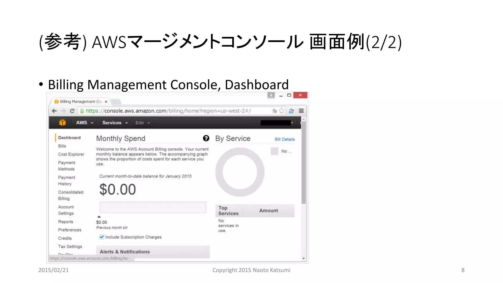 (参考) AWSマージメントコンソール 画面例(2/2)
• Billing Management Console, Dashboard
2015/02/21 Copyright 2015 Naoto Katsumi 8
 