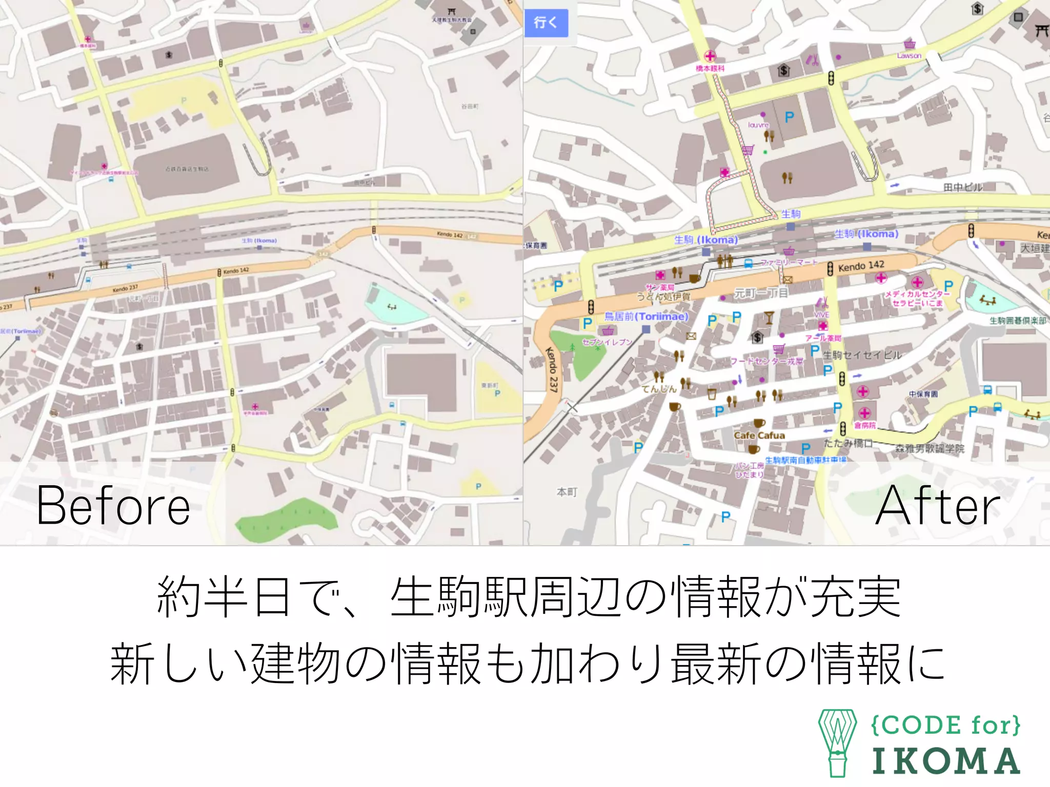 約半日で、生駒駅周辺の情報が充実
新しい建物の情報も加わり最新の情報に
AfterBefore
 