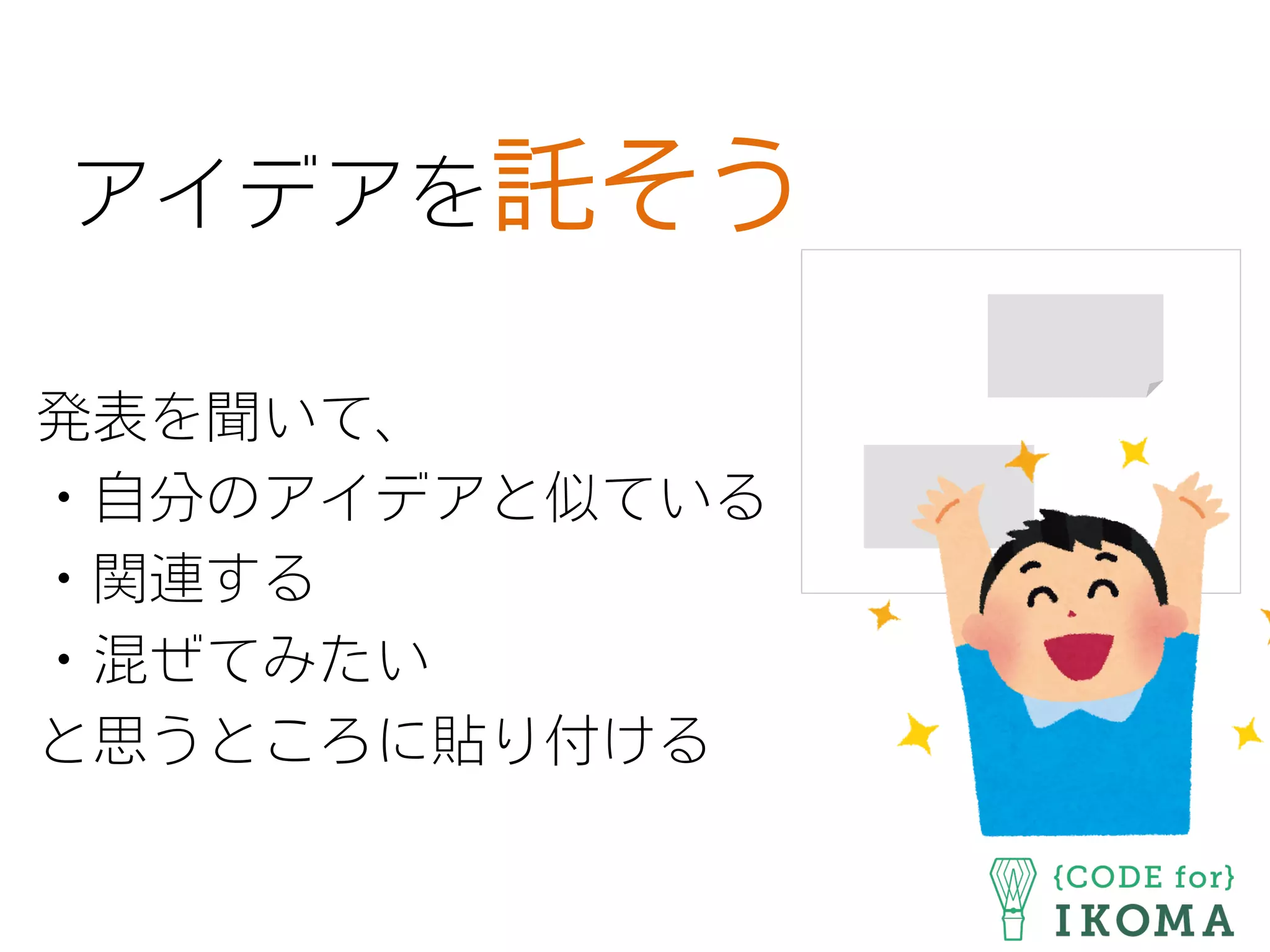 アイデアを託そう
発表を聞いて、
・自分のアイデアと似ている
・関連する
・混ぜてみたい
と思うところに貼り付ける
 