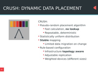 33
CRUSH: DYNAMIC DATA PLACEMENT
CRUSH:
 Pseudo-random placement algorithm
 Fast calculation, no lookup
 Repeatable, deterministic
 Statistically uniform distribution
 Stable mapping
 Limited data migration on change
 Rule-based configuration
 Infrastructure topology aware
 Adjustable replication
 Weighted devices (different sizes)
 