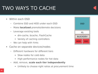 36
TWO WAYS TO CACHE
● Within each OSD
– Combine SSD and HDD under each OSD
– Make localized promote/demote decisions
– Leverage existing tools
● dm-cache, bcache, FlashCache
● Variety of caching controllers
– We can help with hints
● Cache on separate devices/nodes
– Different hardware for different tiers
● Slow nodes for cold data
● High performance nodes for hot data
– Add, remove, scale each tier independently
● Unlikely to choose right ratios at procurement time
HDD
OSD
BLOCKDEV
SSD
FS
 
