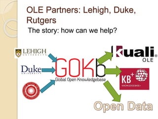 OLE Partners: Lehigh, Duke,
Rutgers
The story: how can we help?
 