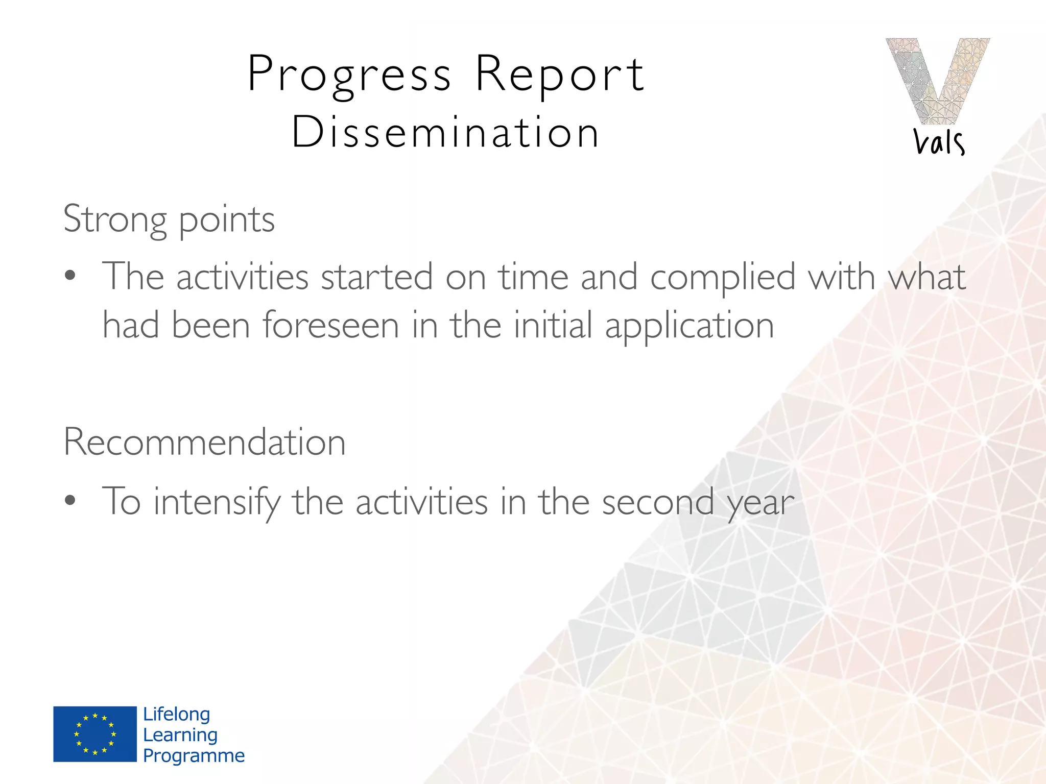 Progress Repor t 
Dissemination
Strong points
•  The activities started on time and complied with what
had been foreseen in the initial application
Recommendation
•  To intensify the activities in the second year
 