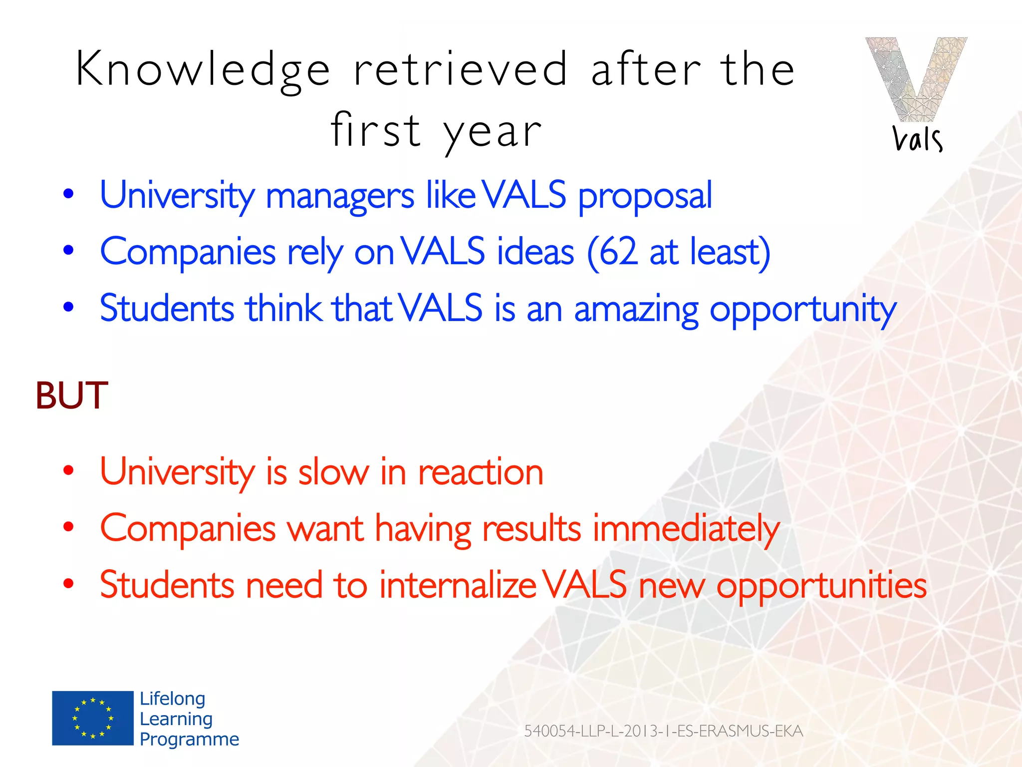 Knowledge retrieved after the
ﬁrst year
•  University managers likeVALS proposal
•  Companies rely onVALS ideas (62 at least)
•  Students think thatVALS is an amazing opportunity
540054-LLP-L-2013-1-ES-ERASMUS-EKA
BUT
•  University is slow in reaction
•  Companies want having results immediately
•  Students need to internalizeVALS new opportunities
 