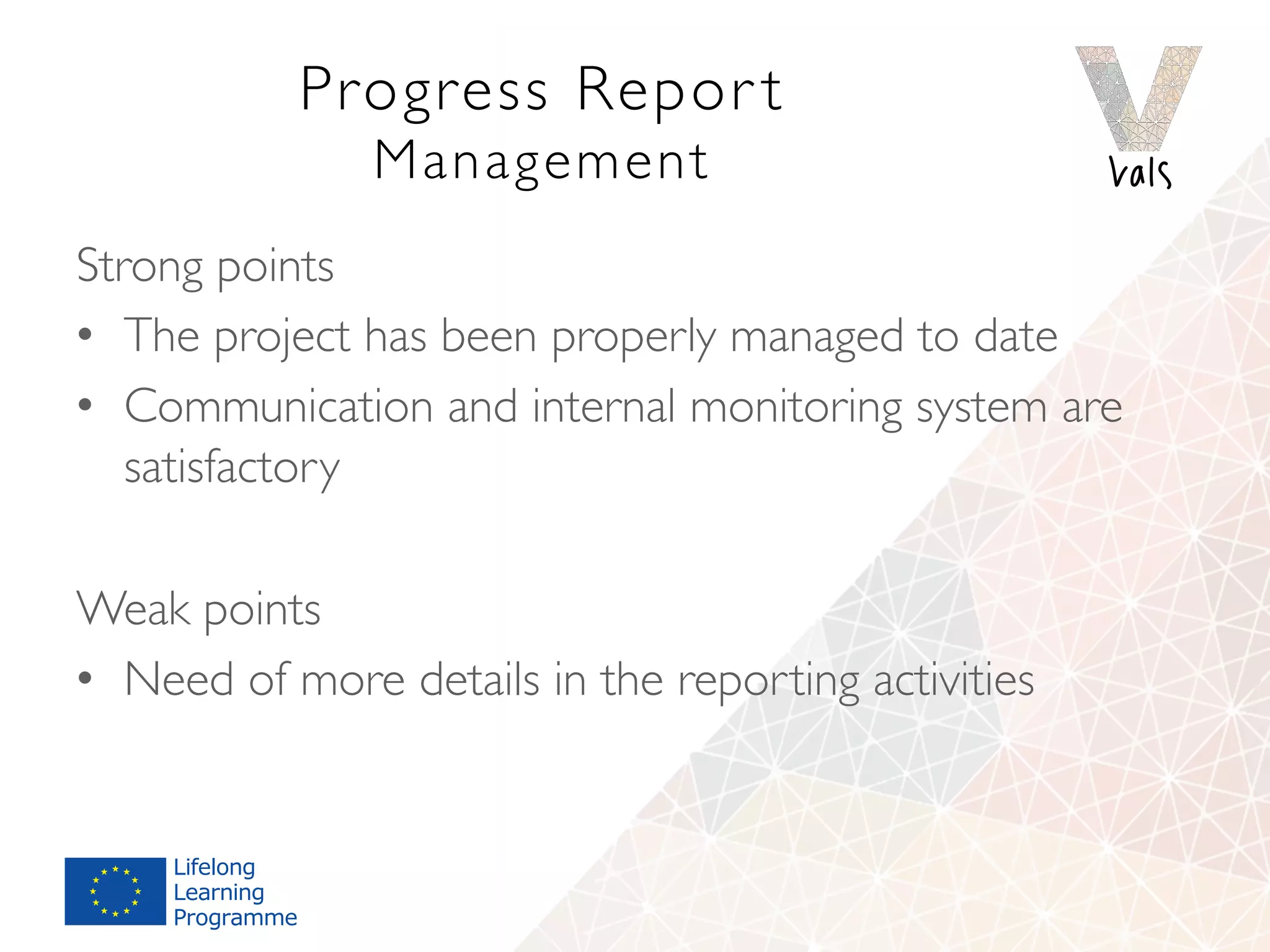 Progress Repor t 
Management
Strong points
•  The project has been properly managed to date
•  Communication and internal monitoring system are
satisfactory
Weak points
•  Need of more details in the reporting activities
 