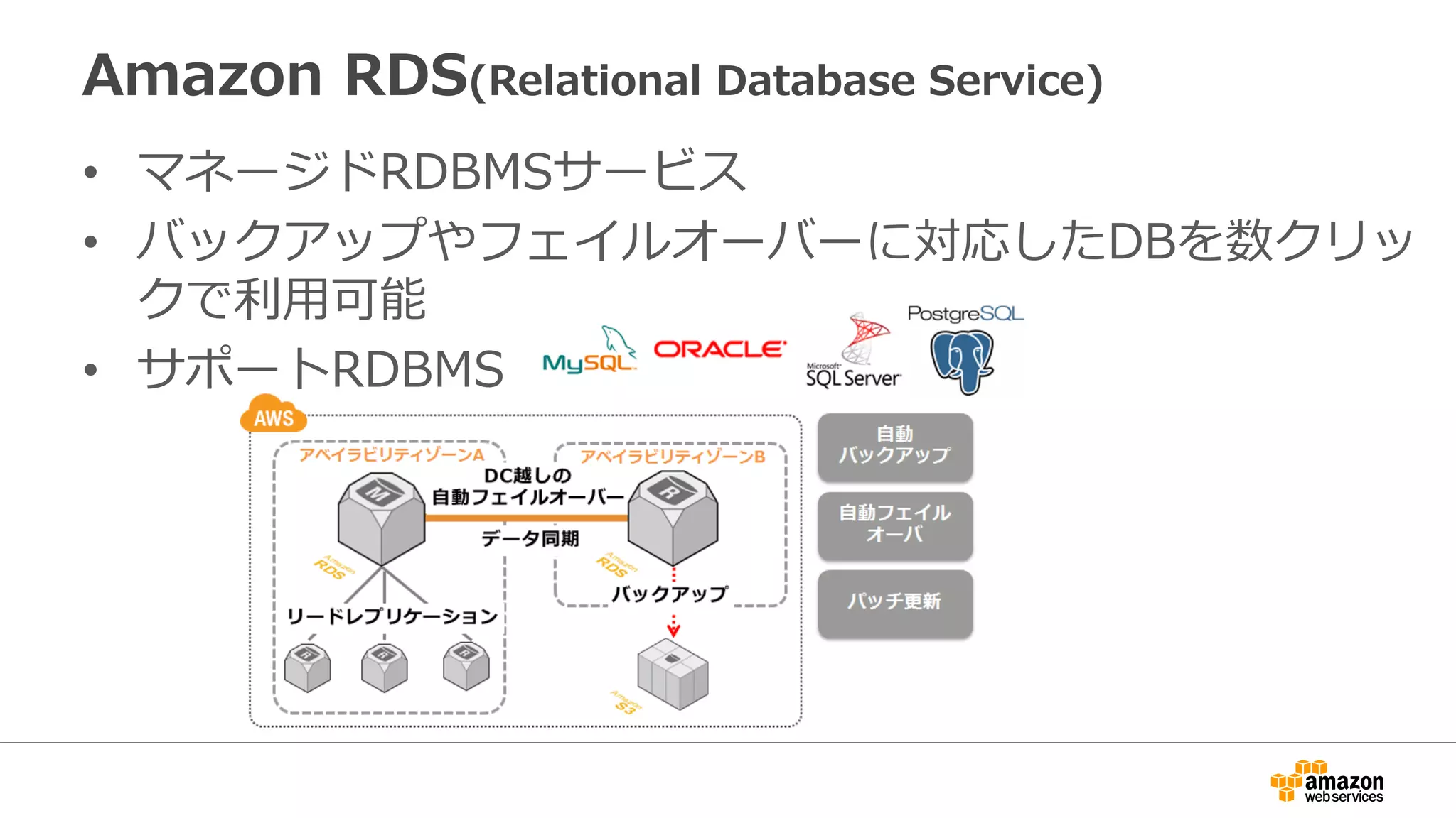 Amazon RDS(Relational Database Service)
• マネージドRDBMSサービス
• バックアップやフェイルオーバーに対応したDBを数クリッ
クで利用可能
• サポートRDBMS
 